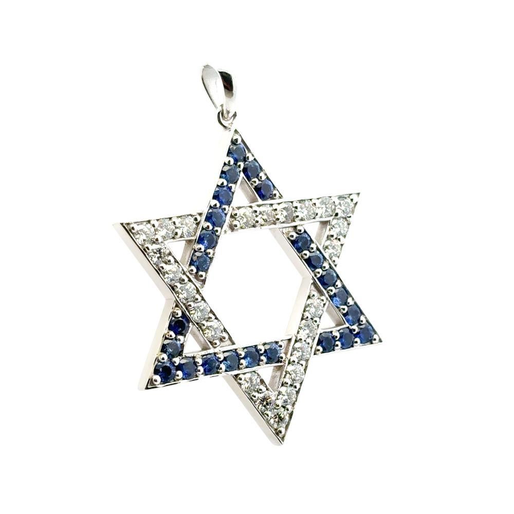 Femenino o masculino Colgante Estrella de David de oro blanco de 14 quilates con zafiros azules de 2,60 quilates y diamantes de 2,63 quilates en venta