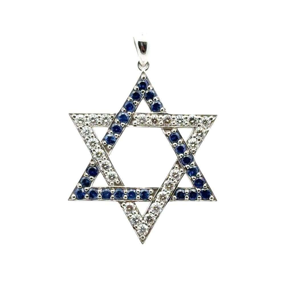Colgante Estrella de David de oro blanco de 14 quilates con zafiros azules de 2,60 quilates y diamantes de 2,63 quilates en venta 2