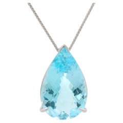 14k White Gold 26.45ct Tear Drop Pear Cut Blue Topaz Large Pendant Wheat Chain