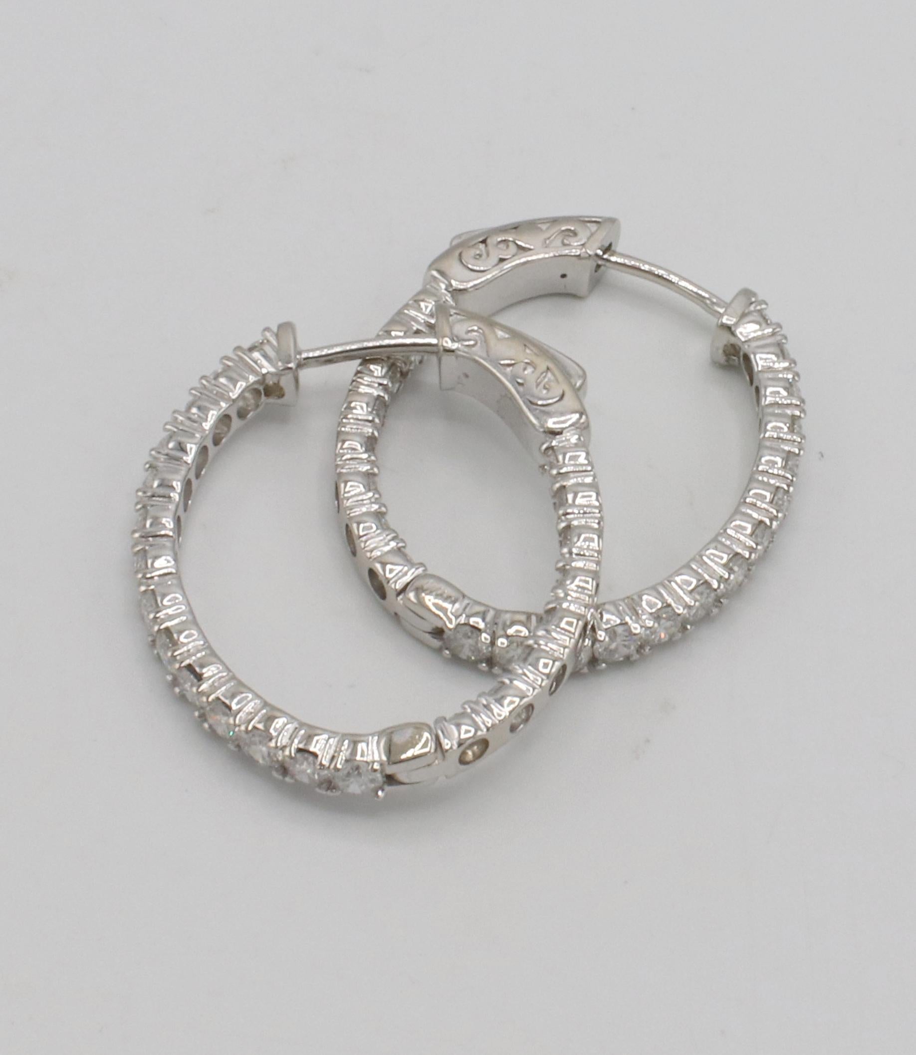 Round Cut 14K White Gold 2.65 Carat Inside Outside Natural Diamond Hoop Earrings For Sale