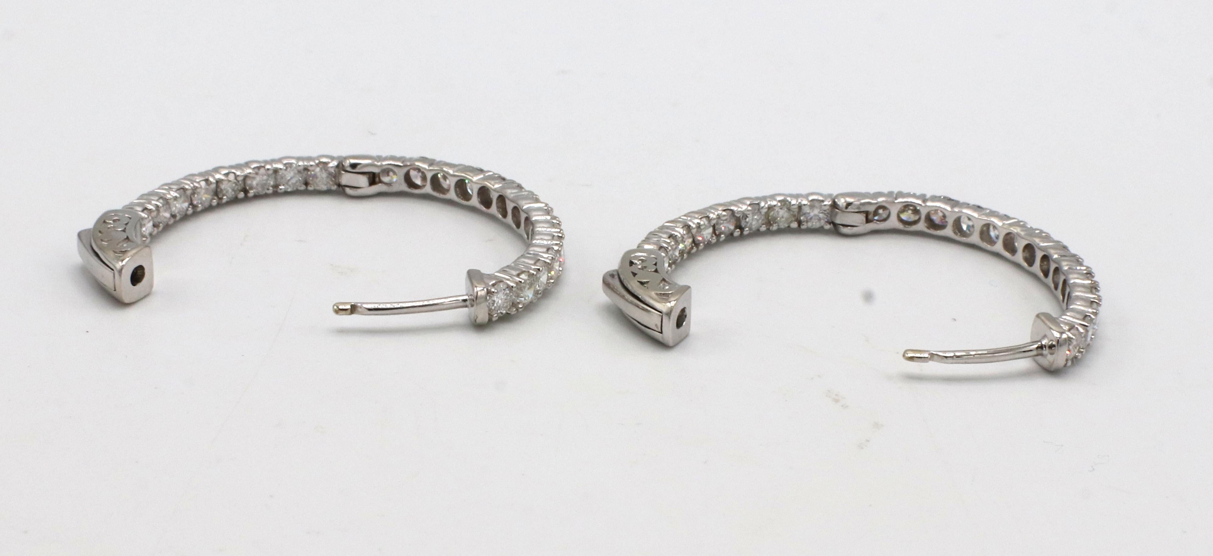 14K White Gold 2.65 Carat Inside Outside Natural Diamond Hoop Earrings In Excellent Condition For Sale In  Baltimore, MD