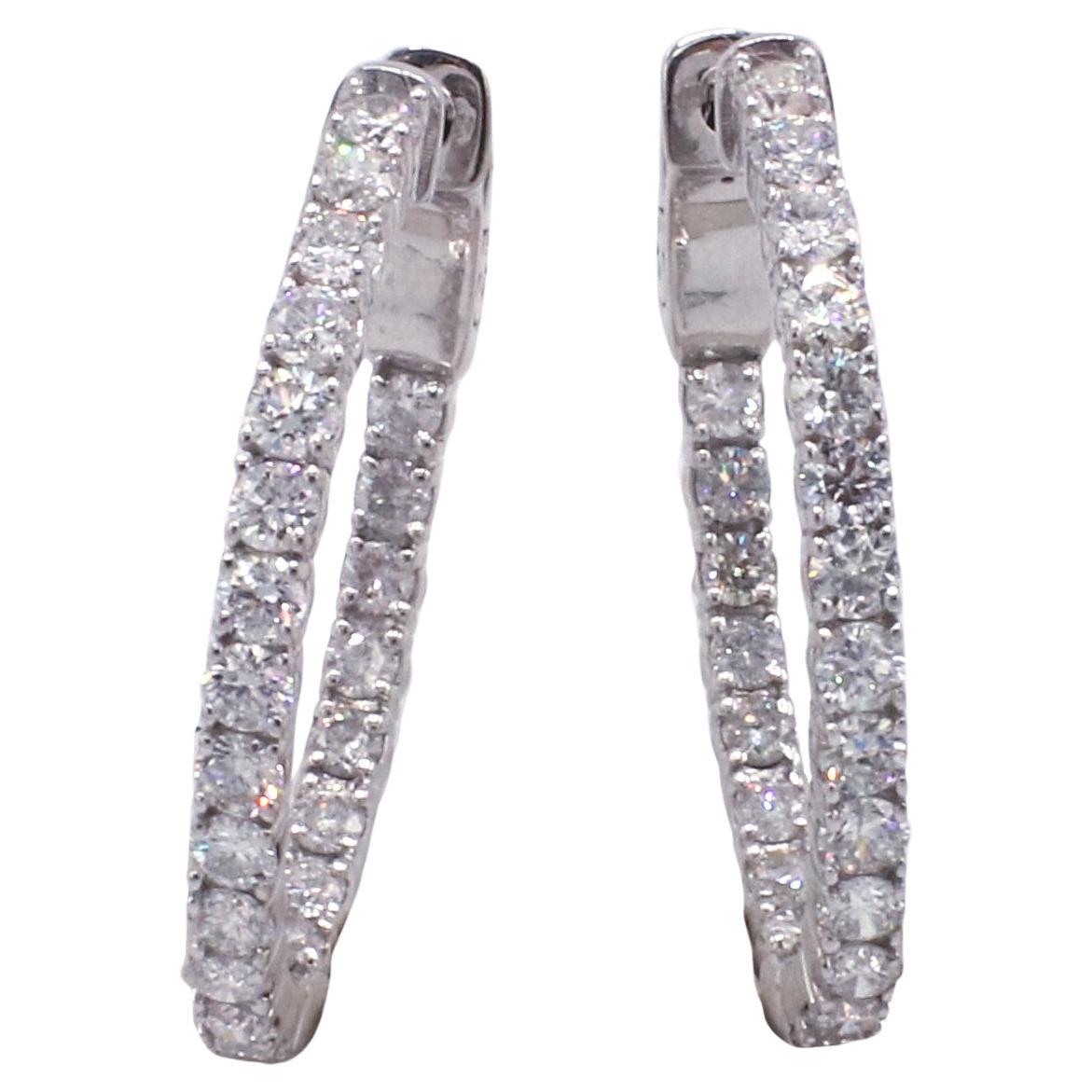 14K White Gold 2.65 Carat Inside Outside Natural Diamond Hoop Earrings For Sale
