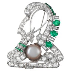 Spilla in oro bianco 14 carati con diamante da 2,70 carati, perla e smeraldo MF21-070126