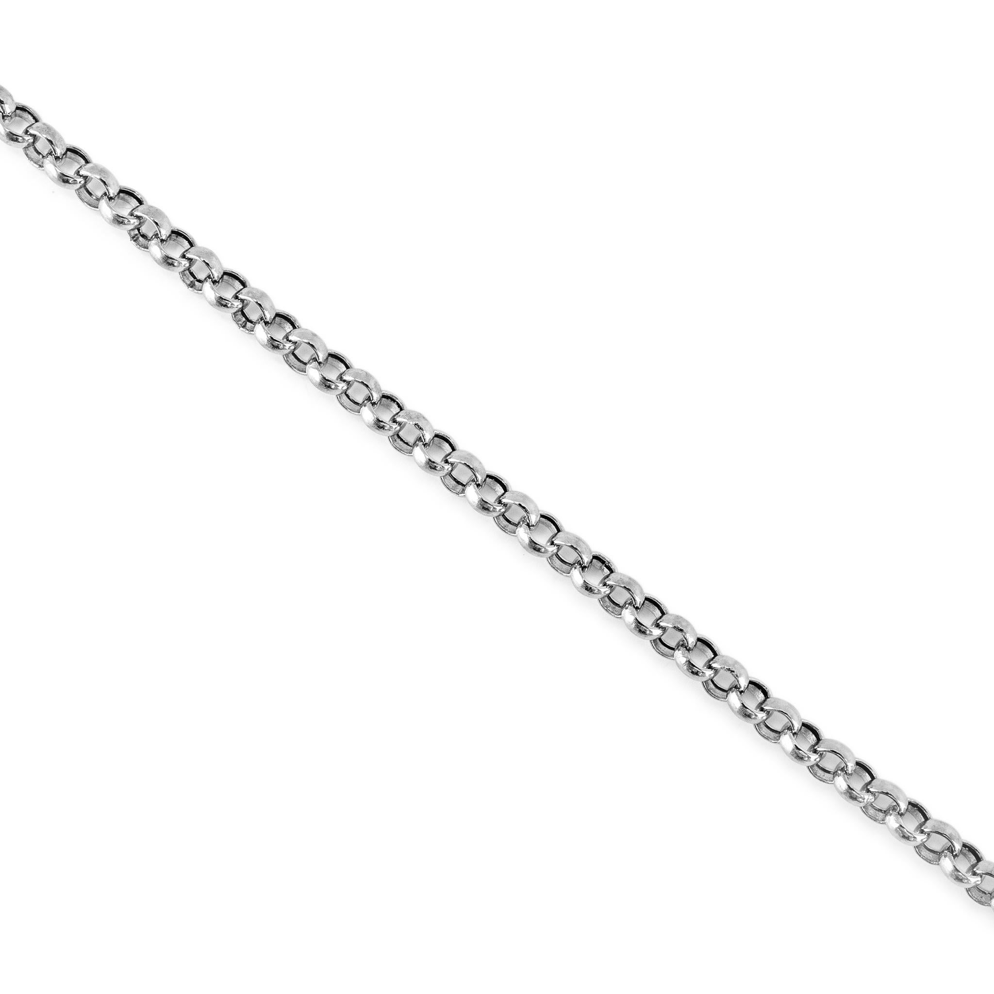 Gender: Ladies

Metal Type: 14K White Gold

Length: 20.00 inches

Width: 2.70 mm

Weight: 3.74 grams

14K White Gold round rolo link chain. The metal was tested and determined to be 14K white gold. Engraved with 