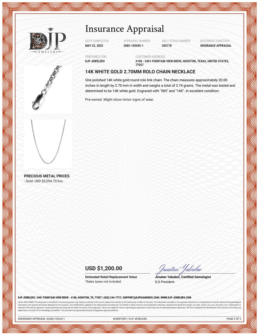 14K White Gold 2.70mm Rolo Chain Necklace en venta 2