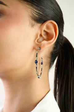 14K White Gold 2.72 Carat Natural Blue Sapphire & Diamond Hoop Earrings for Her