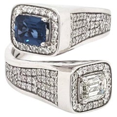 14k White Gold 2.73ct Emerald-cut Blue Sapphire & Diamond Bypass Ring (Size 6)