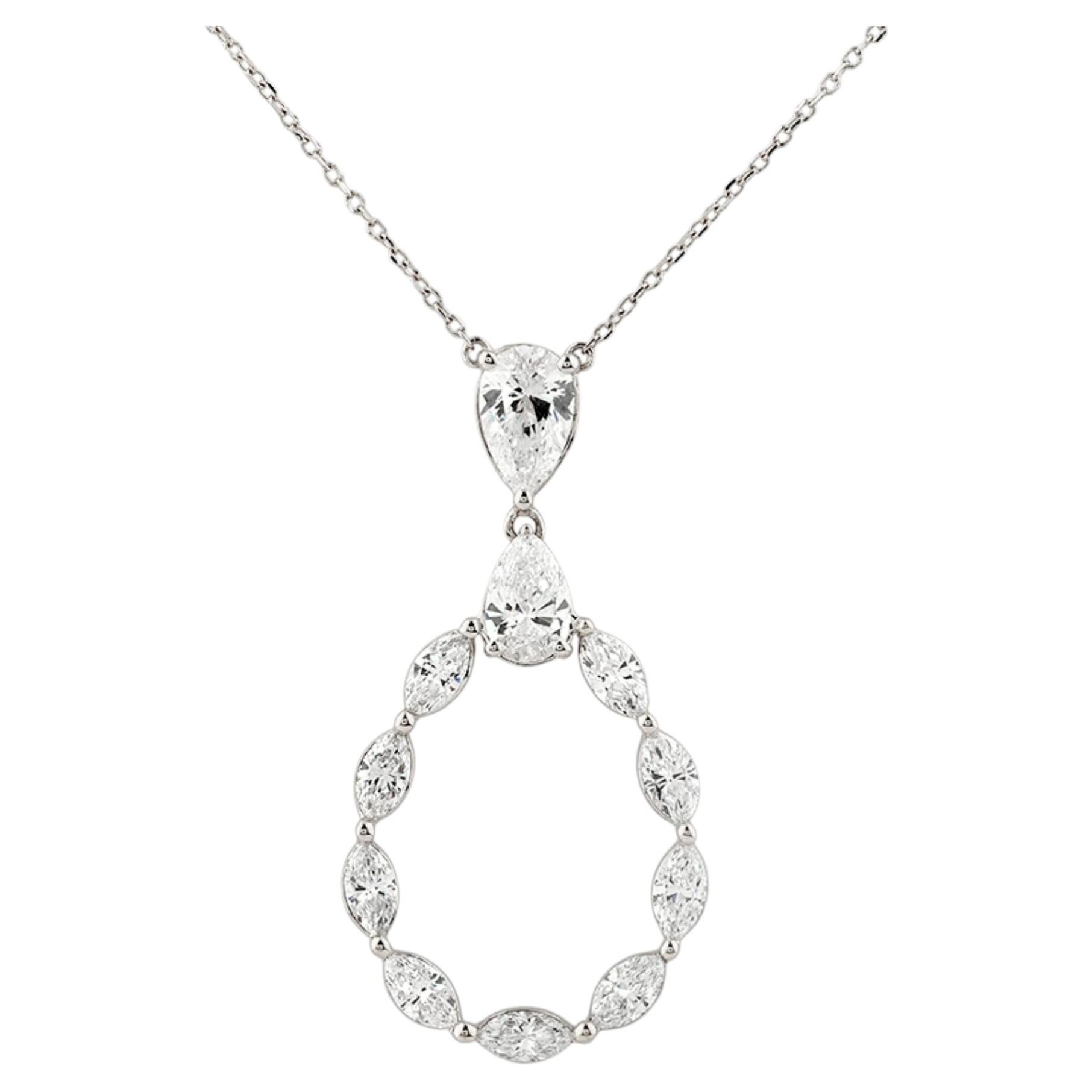 Collar con colgante abierto en forma de lágrima de oro blanco de 14K con diamantes de 2,74 quilates en talla pera y marquesa