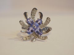 14K White Gold 2.74ctw Tanzanite, Sapphire & Diamond Flower Cluster Ring