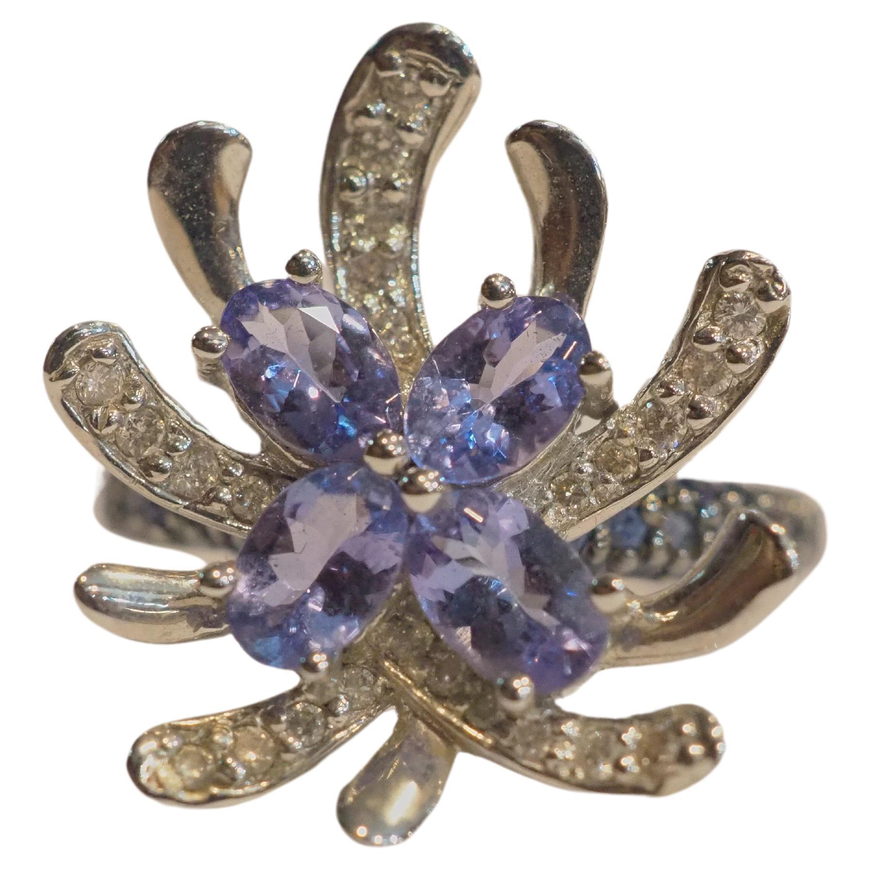 14K White Gold 2.74ctw Tanzanite, Sapphire & Diamond Flower Cluster Ring For Sale