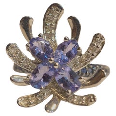 14K White Gold 2.74ctw Tanzanite, Sapphire & Diamond Flower Cluster Ring