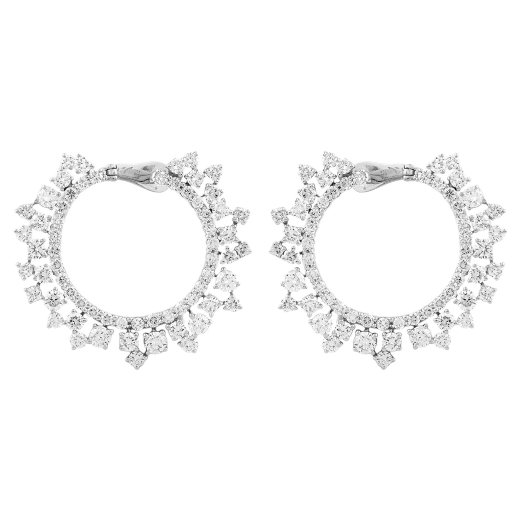 14K White Gold 2.75 Cts Round Natural Diamond Scalloped Hoop Earrings