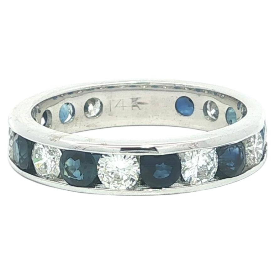 14k White Gold 2.75ctw Round Sapphire & Diamond Channel Eternity Band Ring For Sale