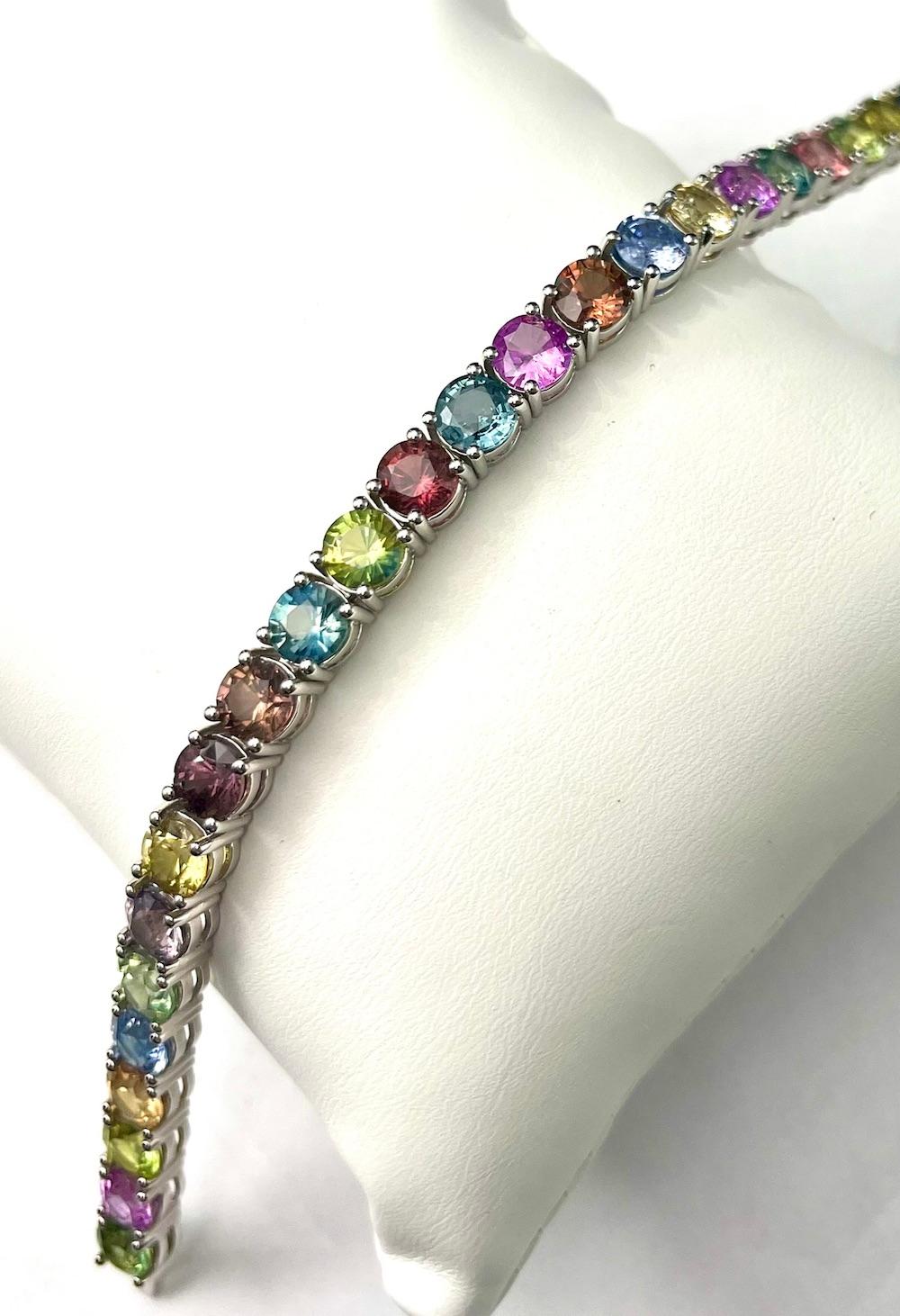 Contemporary 14K White Gold 28.10Ct Total Weight Natural Multi Color Round Sapphires Bracelet For Sale