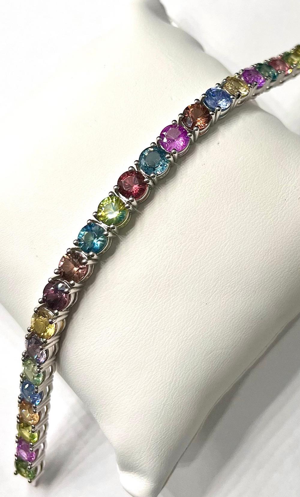 Round Cut 14K White Gold 28.10Ct Total Weight Natural Multi Color Round Sapphires Bracelet For Sale