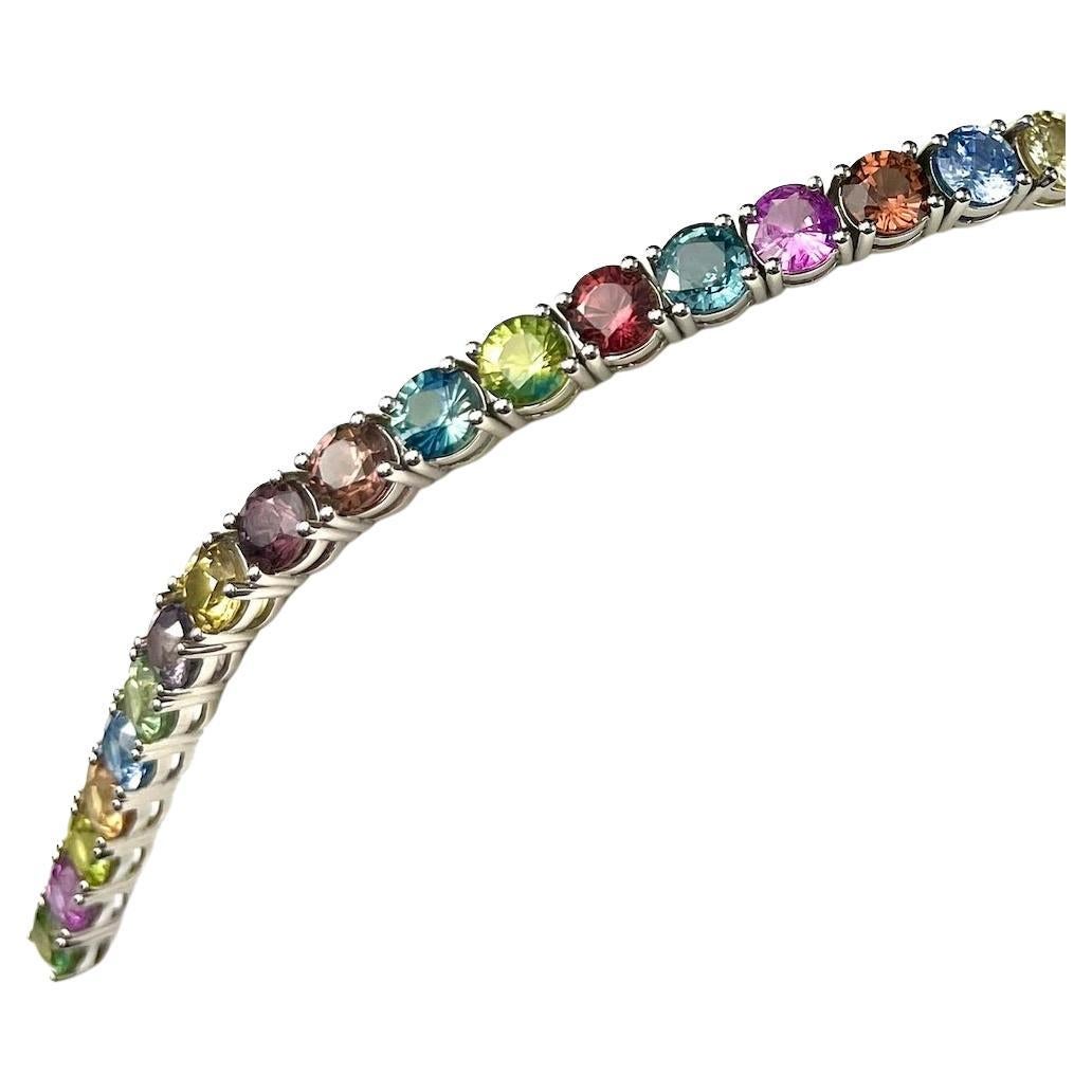 14K White Gold 28.10Ct Total Weight Natural Multi Color Round Sapphires Bracelet For Sale