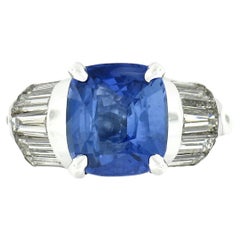 Vintage 14k White Gold 2.91ctw GIA No Heat Cushion Sapphire & Diamond Engagement Ring