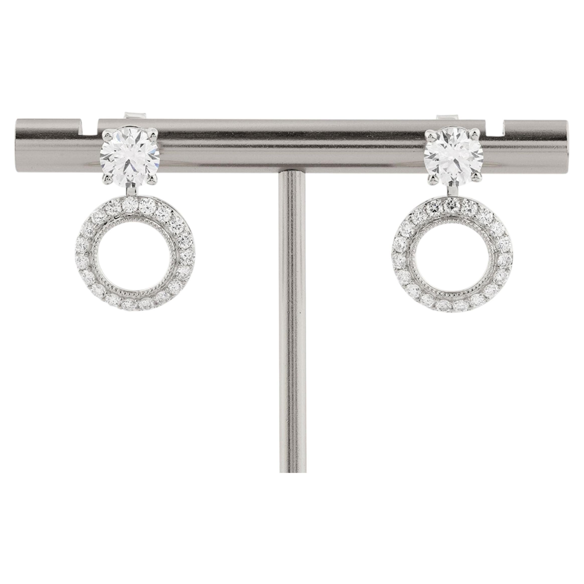 14K White Gold 2.93 Cts Round Natural Diamond Halo Drop Earrings