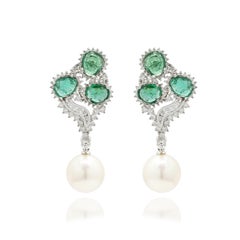 Astounding 14K White Gold 29.56 ct Emerald and Diamond Earrings with Pearl