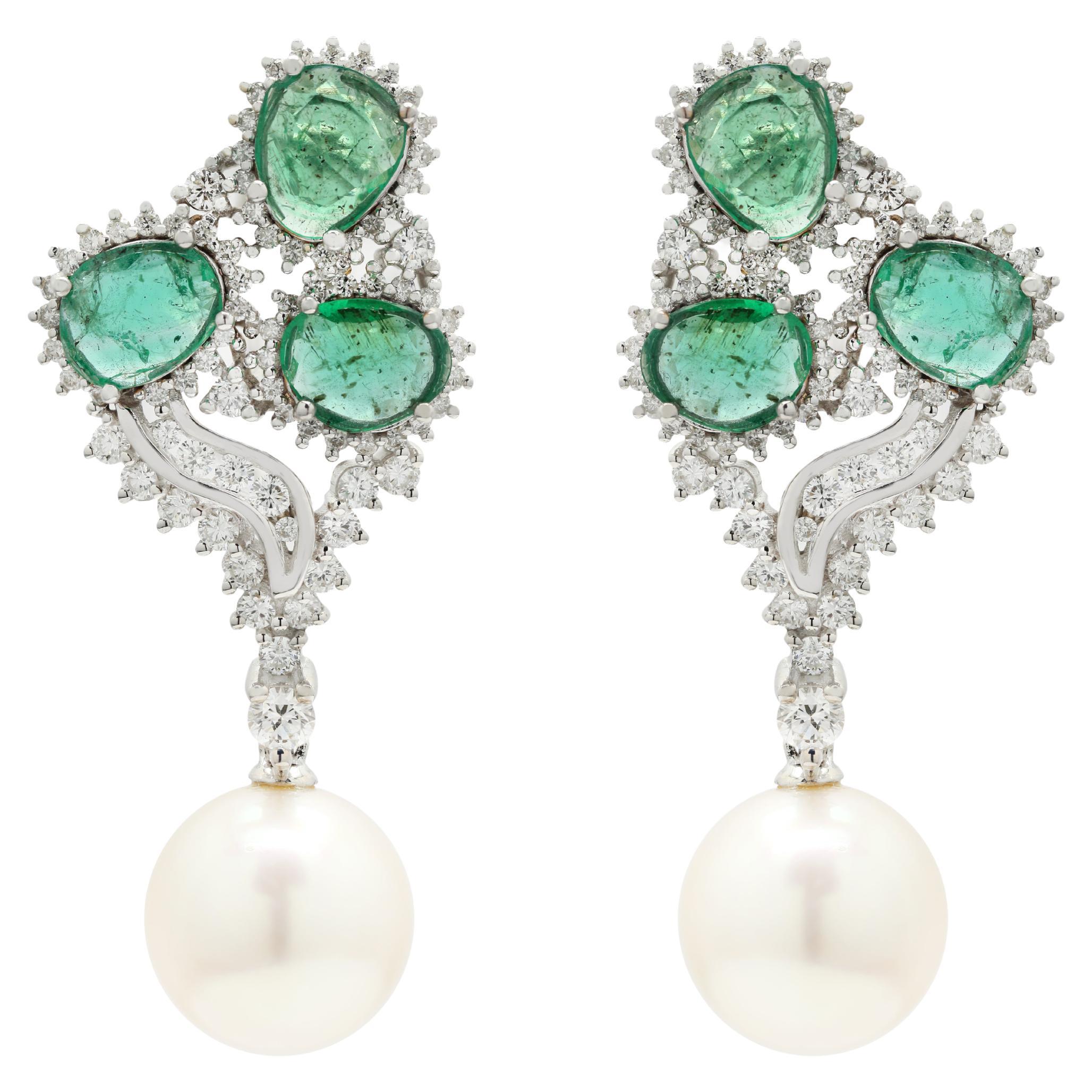 Astounding 14K White Gold 29.56 ct Emerald and Diamond Earrings with Pearl 