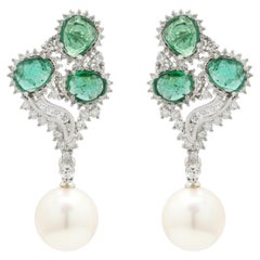 Astounding 14K White Gold 29.56 ct Emerald and Diamond Earrings with Pearl 