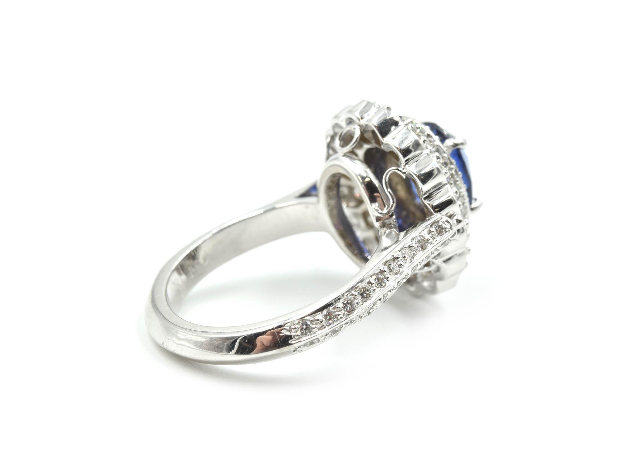 Women's or Men's 14k White Gold 2.95ct Oval Blue Sapphire, and 2.07cttw Round Diamond Halo Ring 