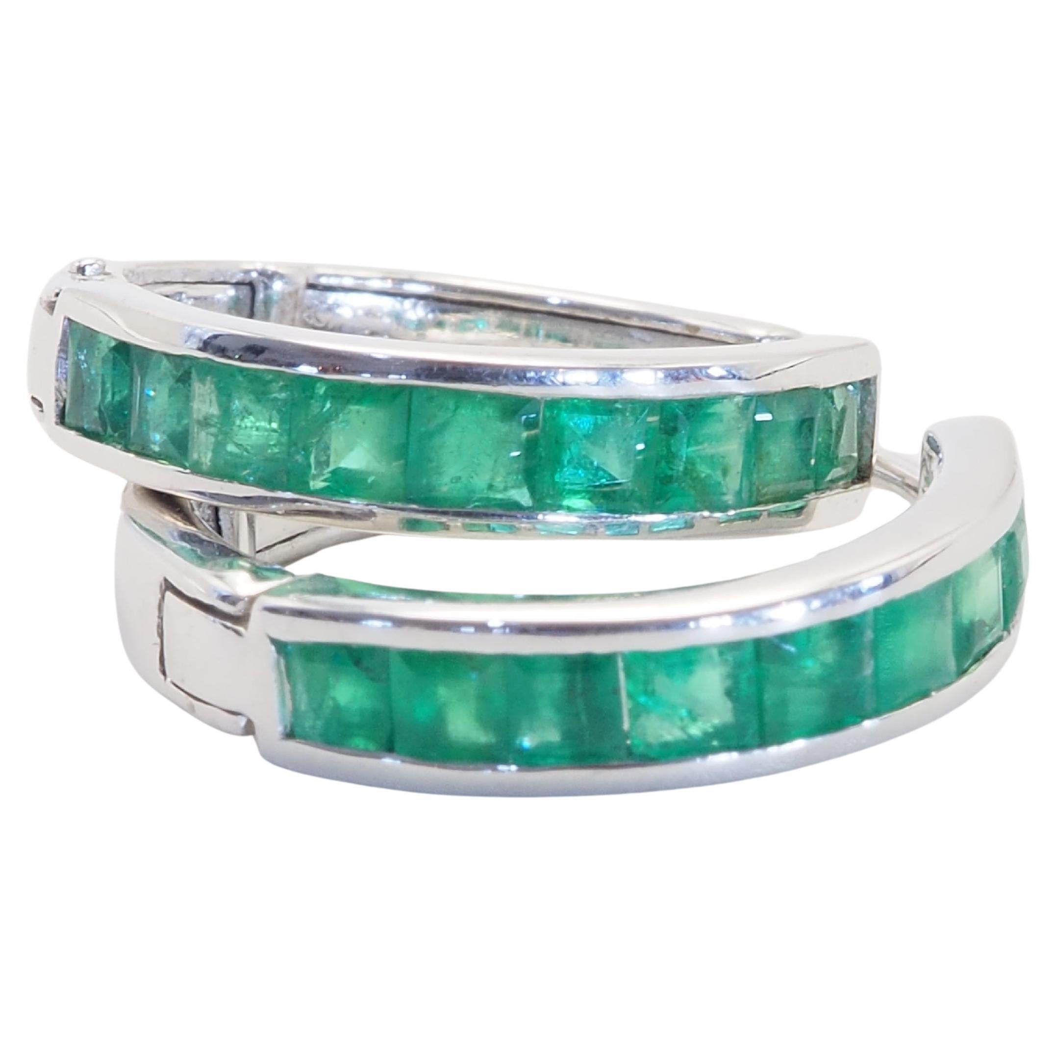 Square Cut 14K White Gold 2ct Squared Emerald Hoop Earring For Sale