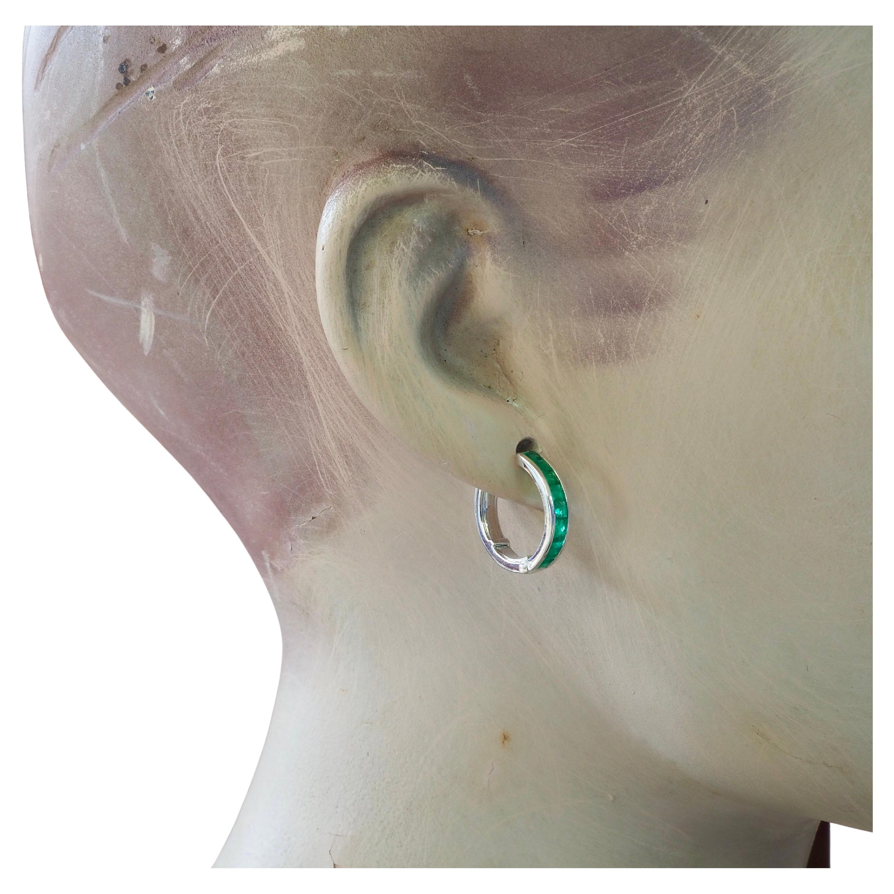 14K White Gold 2ct Squared Emerald Hoop Earring For Sale 2