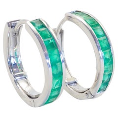 14K White Gold 2ct Squared Emerald Hoop Earring