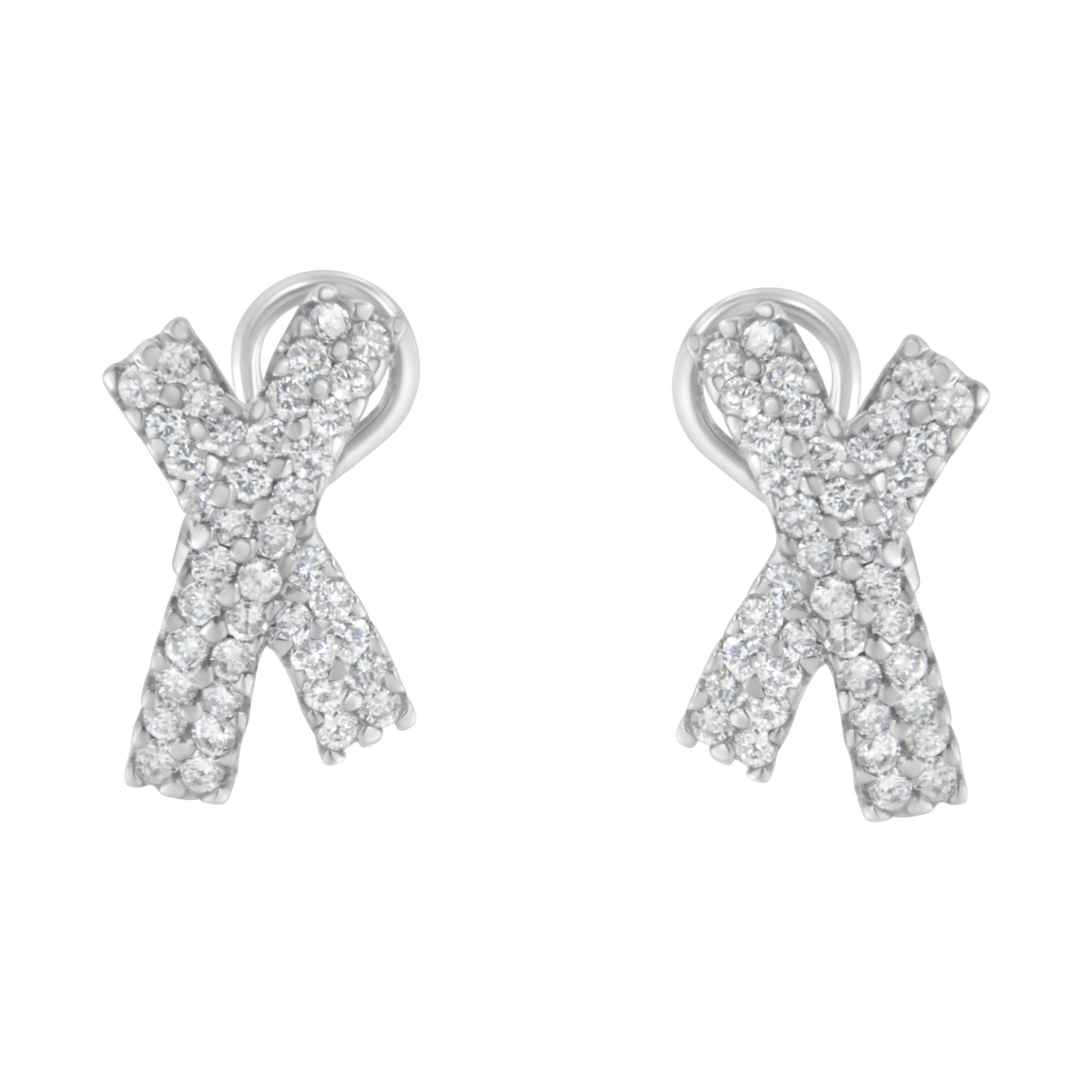 14K White Gold Diamond "X" Shape Hoop Earrings