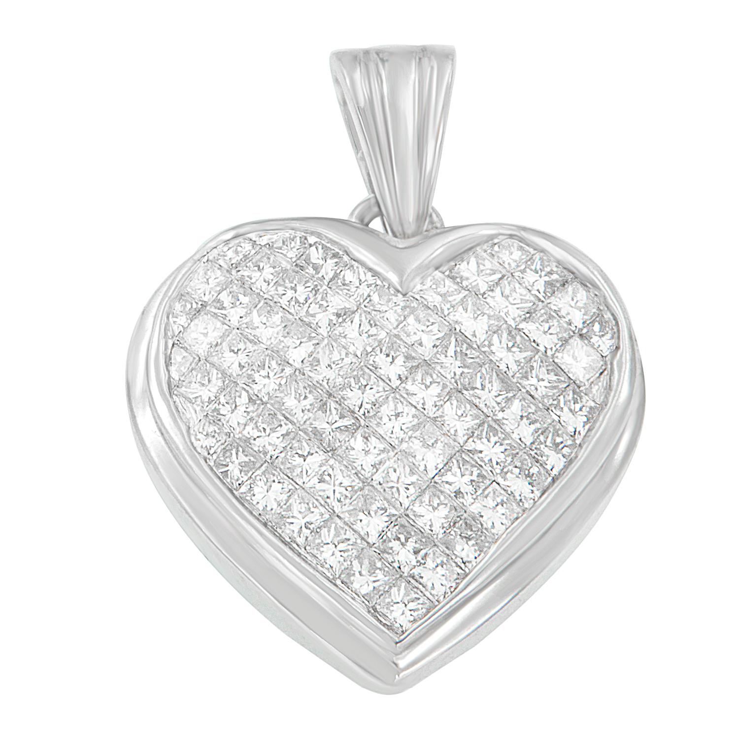 A classic for the ages, this heart pendant features over 60 princess-cut beautifully diamonds set in high quality 14k white gold. It is a gift she'll be sure to love. Ready to wear out of the box, it comes with a standard size 18 chain. This