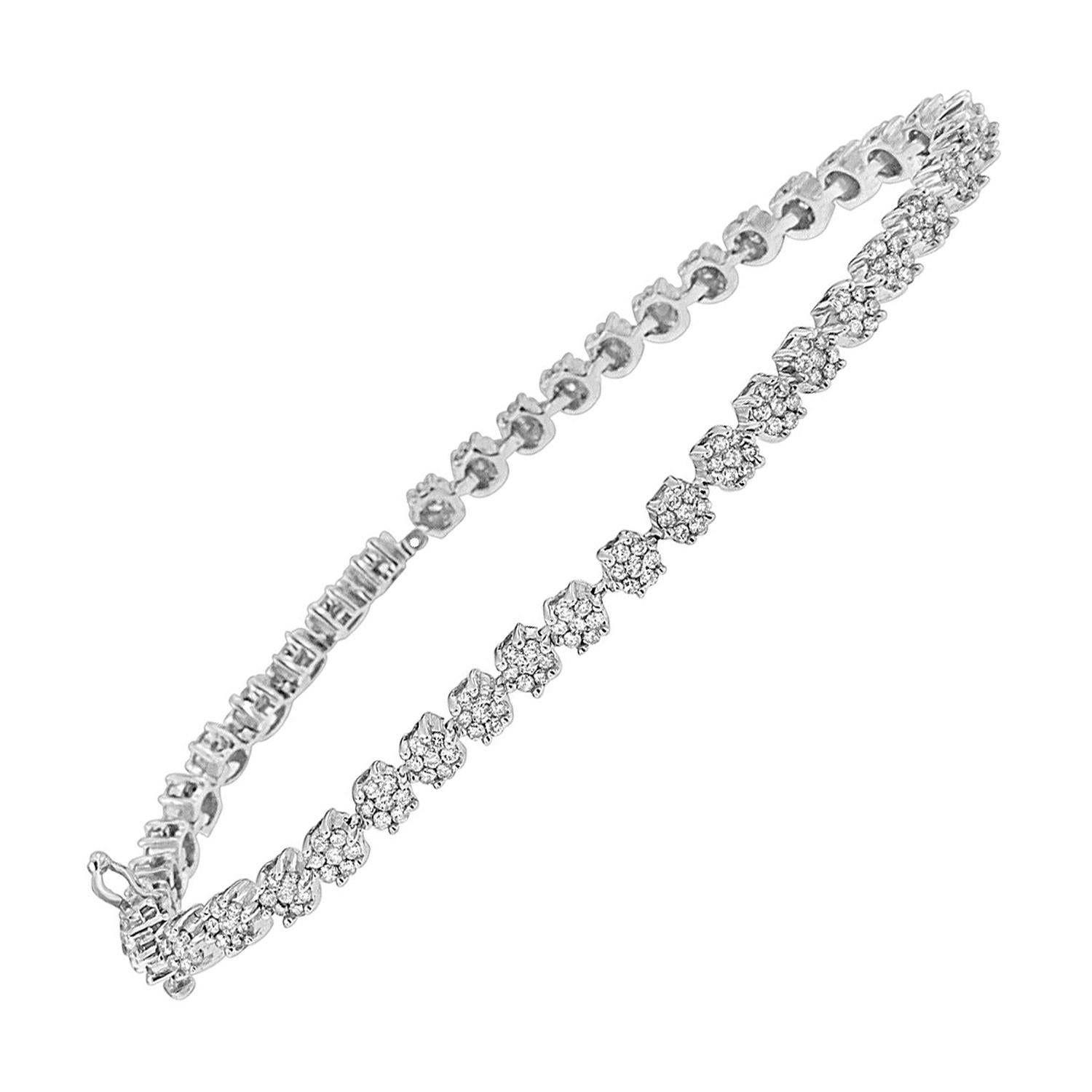 Round Cluster Link Diamond White Gold Tennis Bracelet