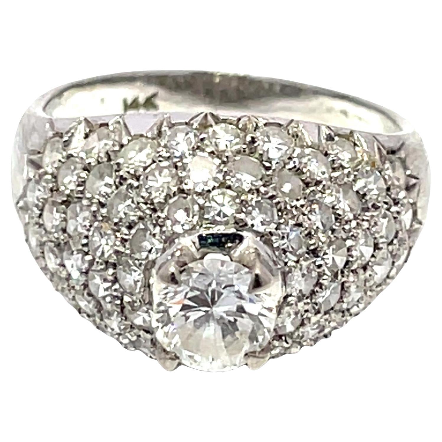 14k White Gold 2CTW Diamonds Pave Ring with Brilliant Round Center For Sale
