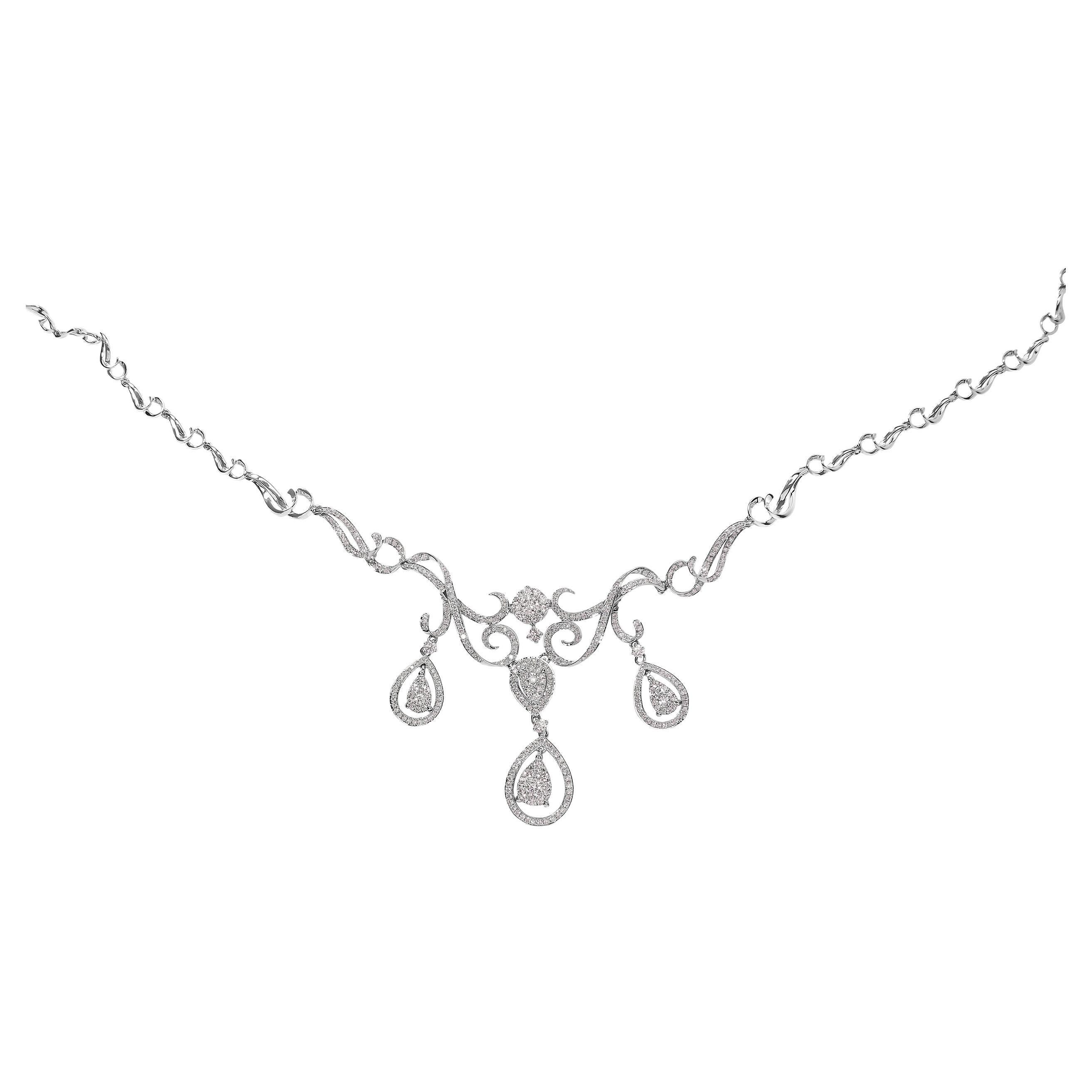 14K White Gold 3 1/2 Carat Diamond Statement Drop and Dangle Necklace For Sale