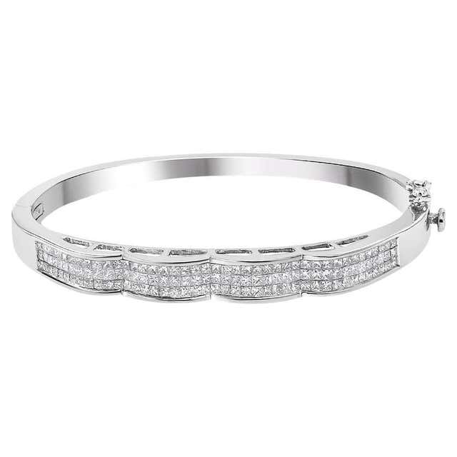14K White Gold 3 1/3 Carat Princess-Cut Diamond Bangle Bracelet For ...