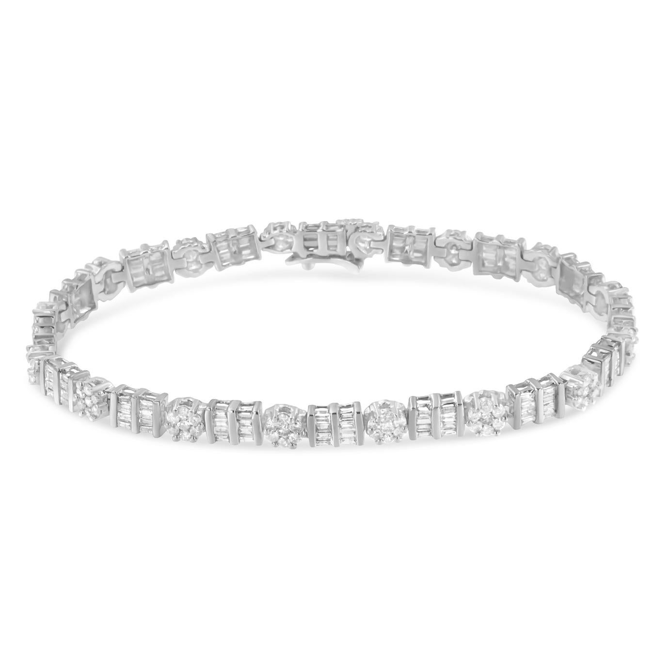 Elegant and timeless, this gorgeous 14K gold alternating station tennis bracelet features 3.43 carat total weight of round and baguette cut diamonds with a whopping 240 stones in all. The tennis bracelet features alternating round and square links