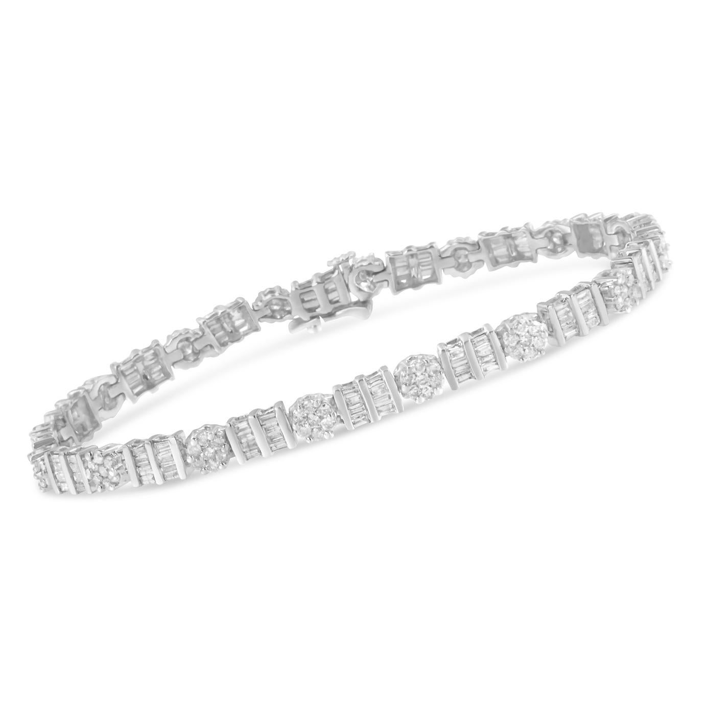 Modern 14k White Gold 3 3/8 Carat Diamond Cluster Alternating Station Tennis Bracelet