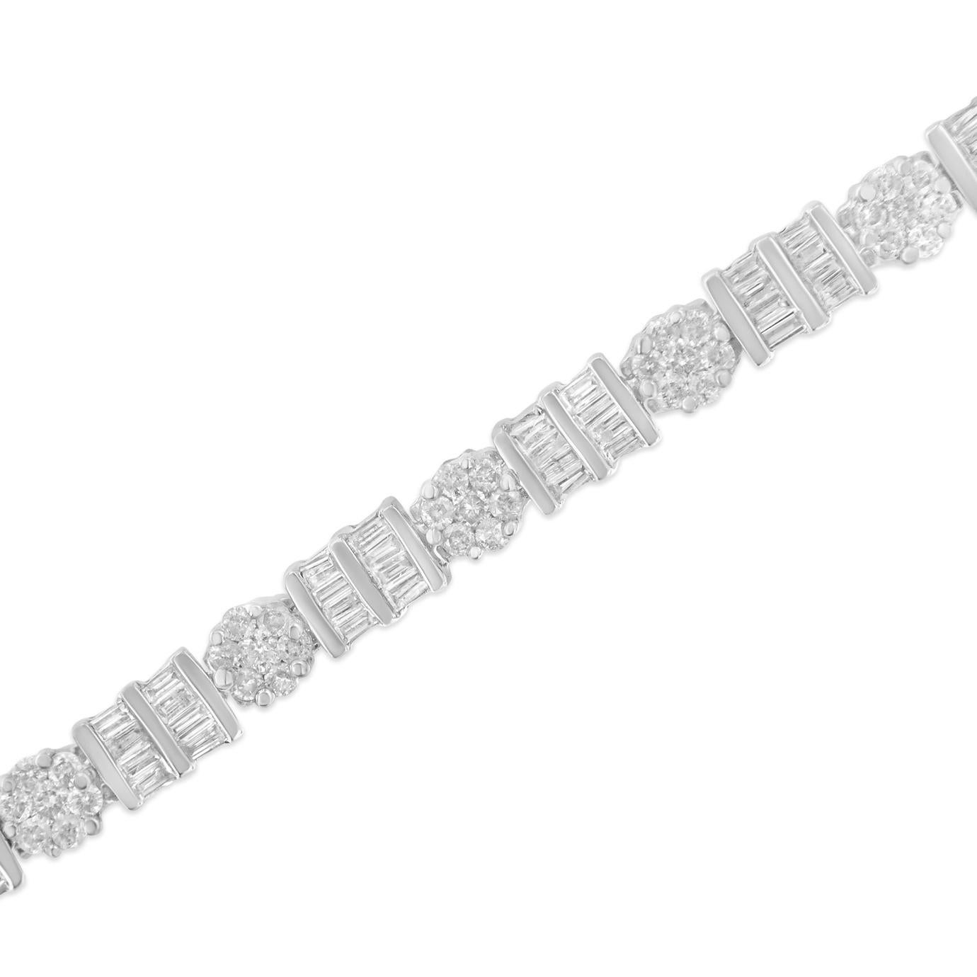 Round Cut 14k White Gold 3 3/8 Carat Diamond Cluster Alternating Station Tennis Bracelet