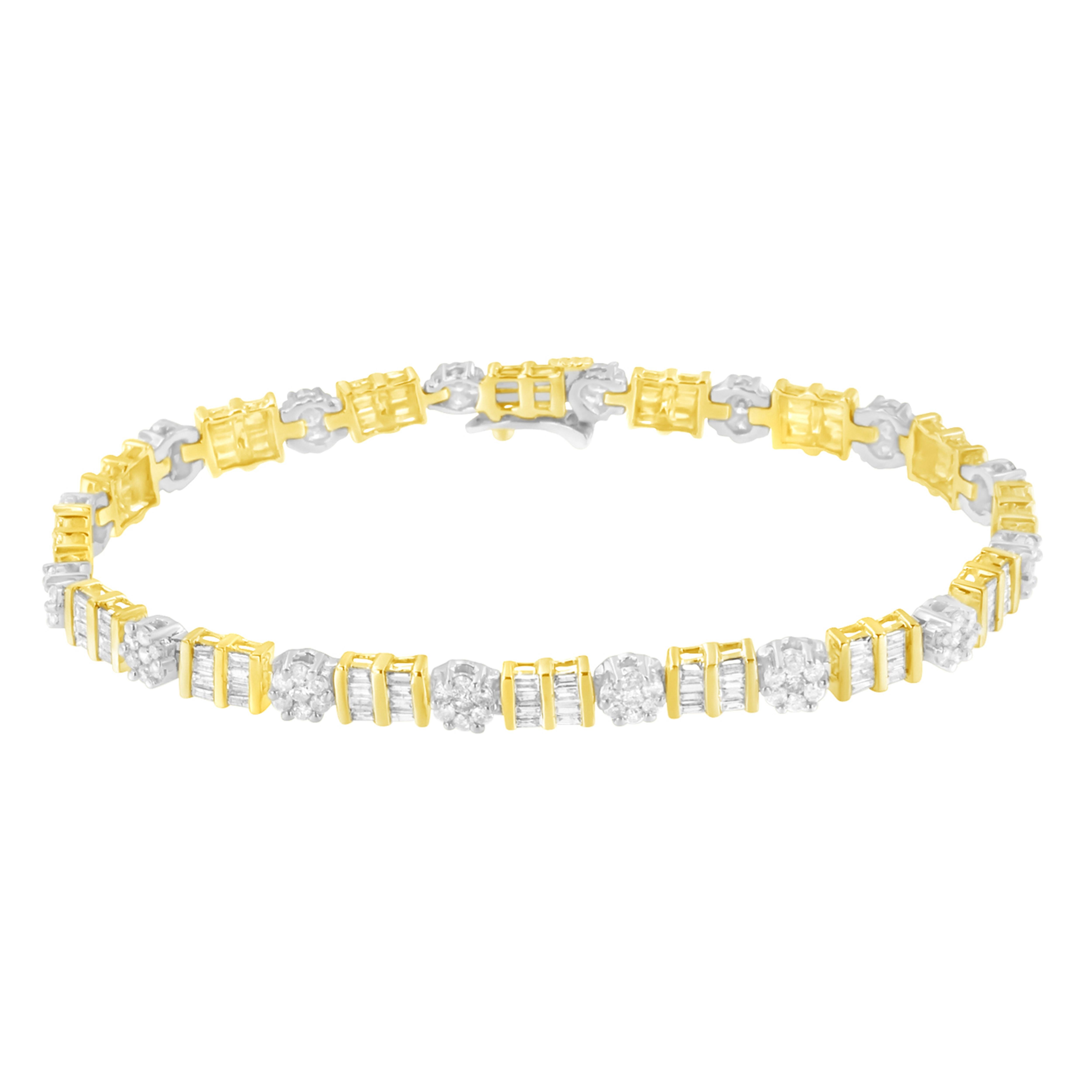 Set in white gold a cluster of sparkling round cut diamonds create a floral link. Alternating with the round diamond links, crafted in yellow gold, two rows of baguette cut diamonds inlay a rectangular shape. This 14k yellow and white gold bracelet