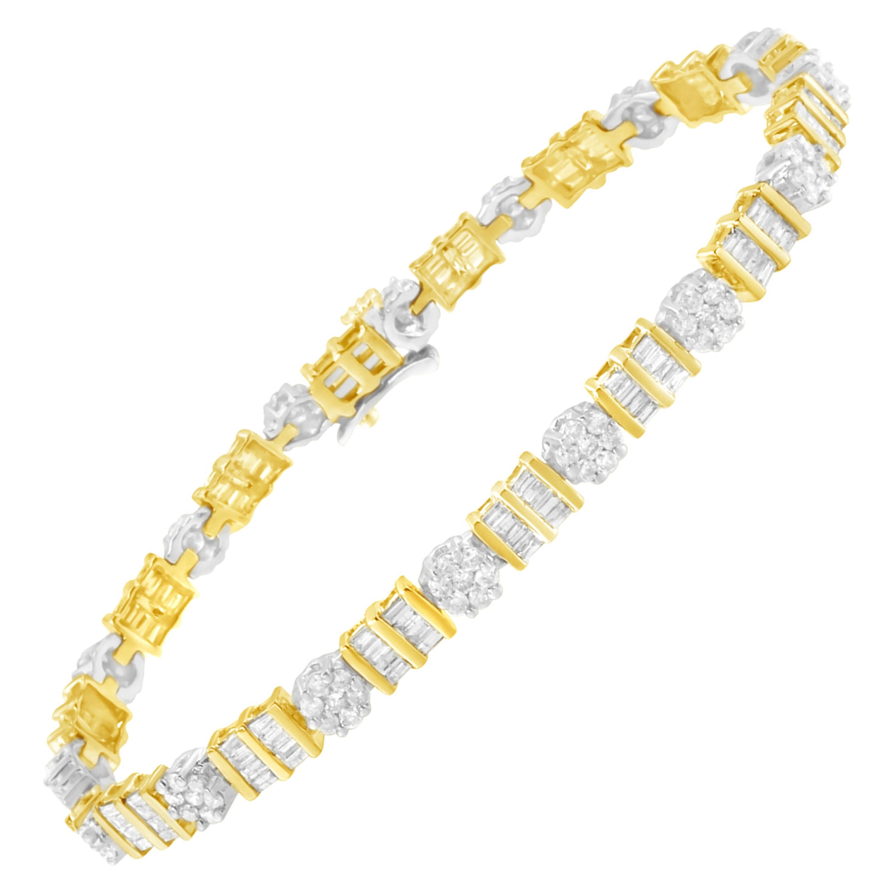 14k White Gold 3-3/8 Ctw Diamond Cluster Alternating Station Tennis Bracelet