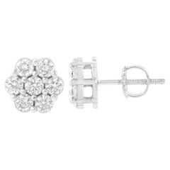 14K White Gold 3/4 Carat 7 Stone Floral Cluster Round Cut Diamond Stud Earrings