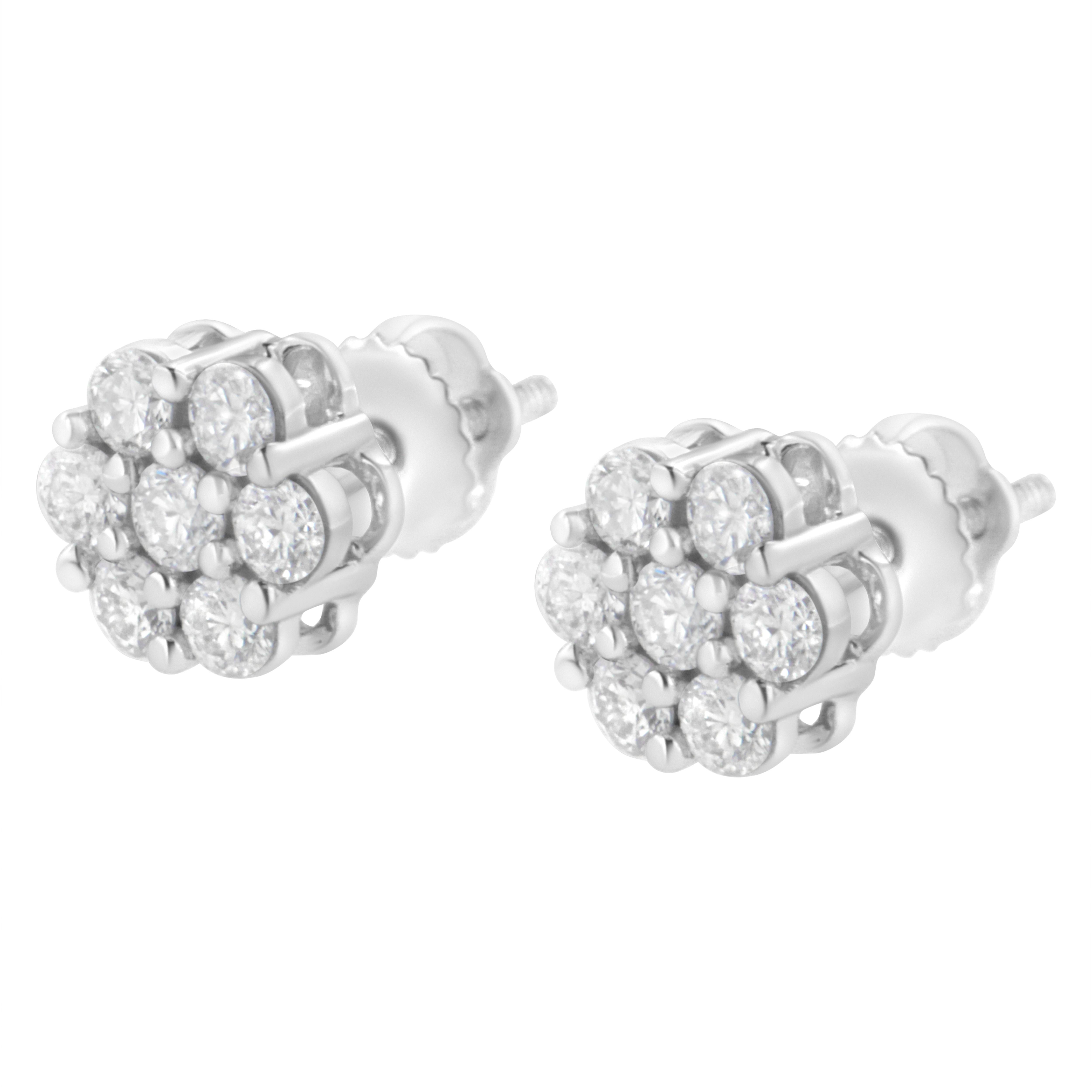 14K White Gold 3/4 Carat 7 Stone Floral Cluster Round Cut Diamond Stud ...