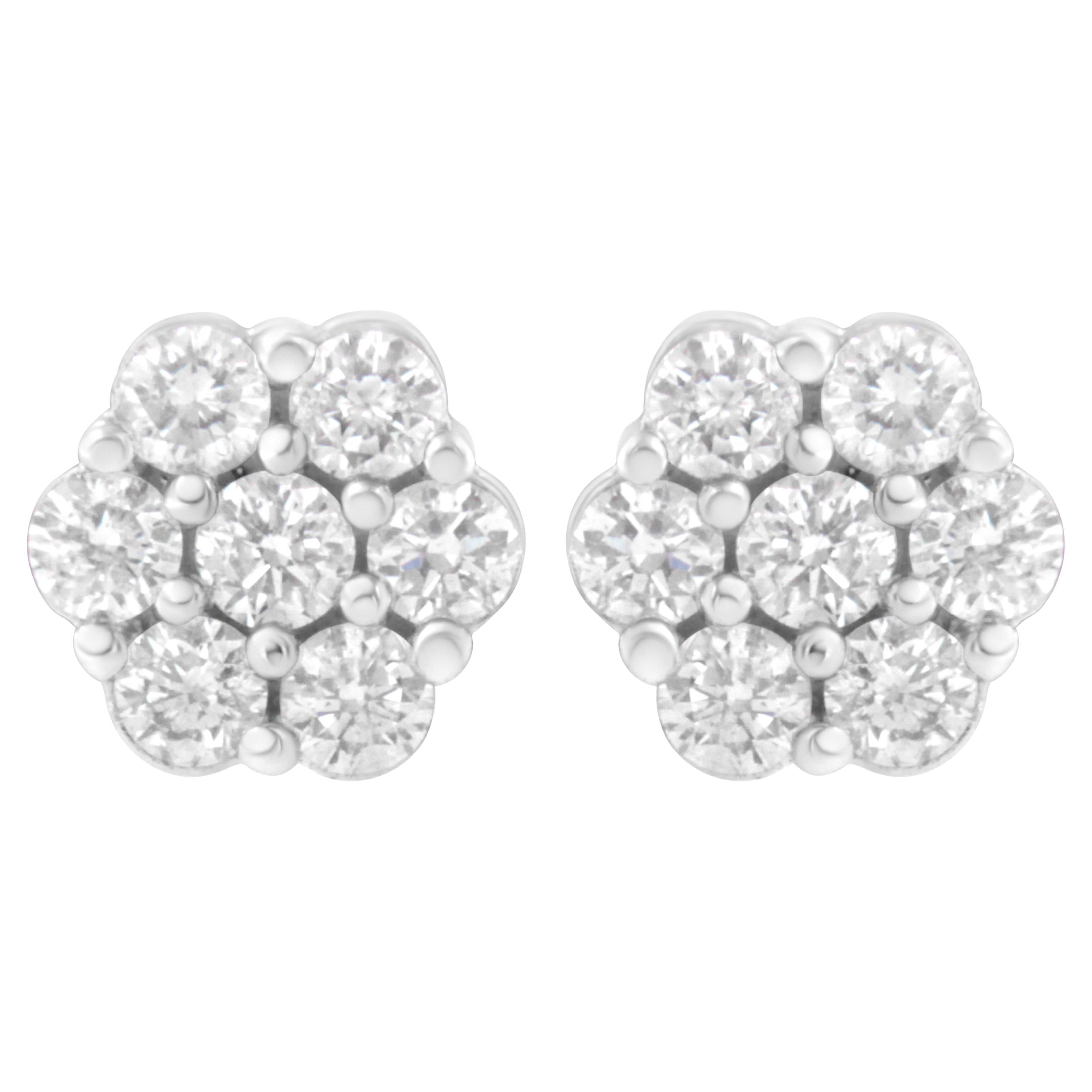 14K White Gold 3/4 Carat 7 Stone Floral Cluster Round Cut Diamond Stud Earrings