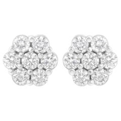 14K White Gold 3/4 Carat 7 Stone Floral Cluster Round Cut Diamond Stud Earrings