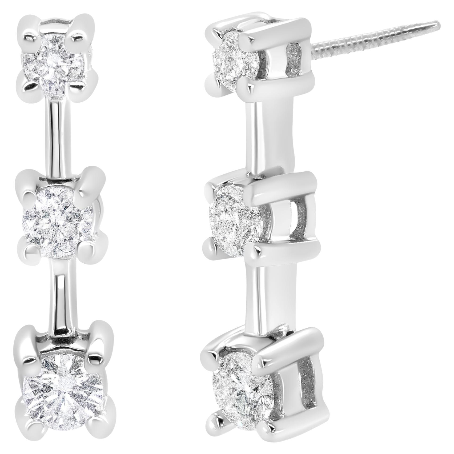 14K White Gold 3/4 Carat Diamond 3 Stone Graduated Linear Drop Stud Earrings
