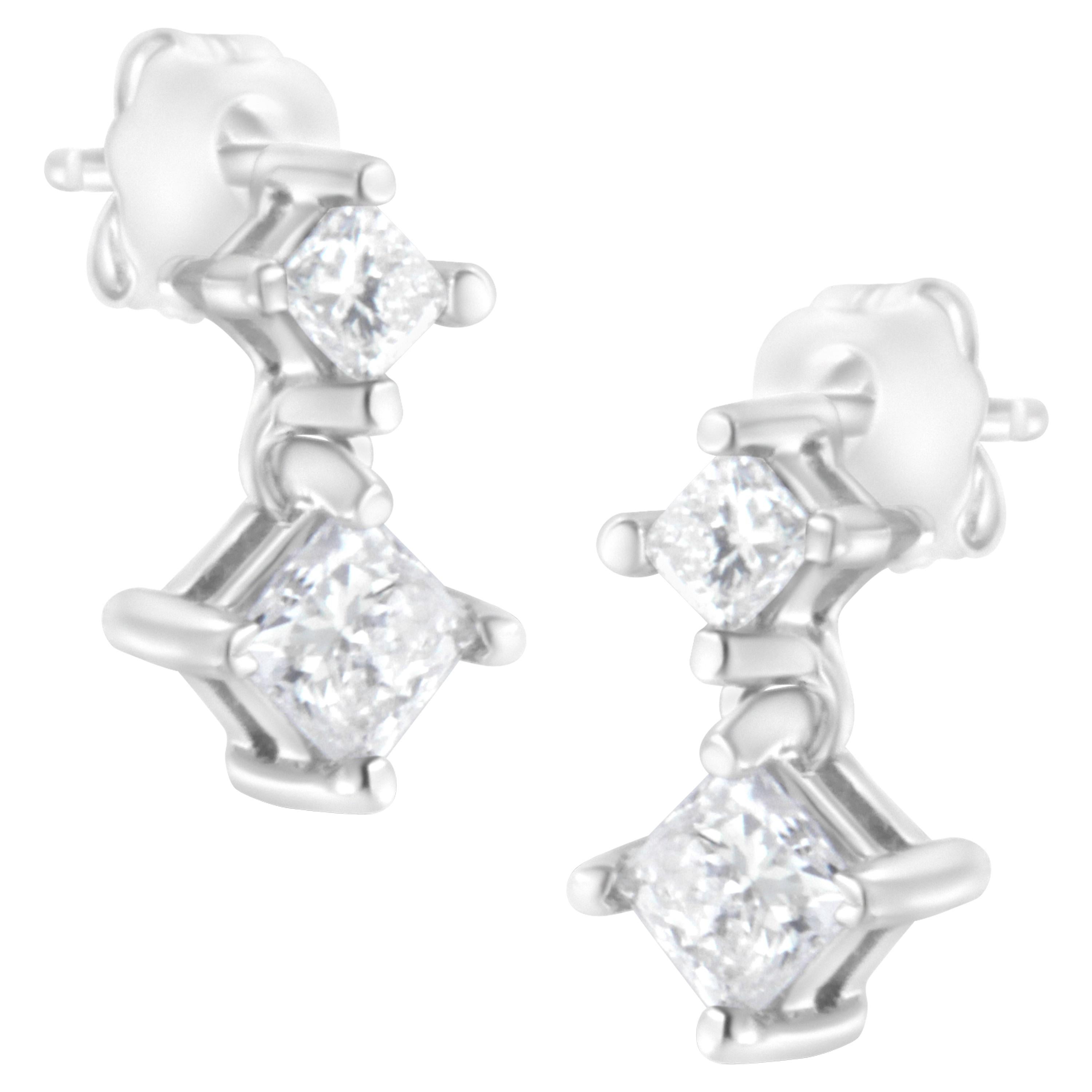 14K White Gold 3/4 Carat Double Princess Diamond Stud Earrings For Sale