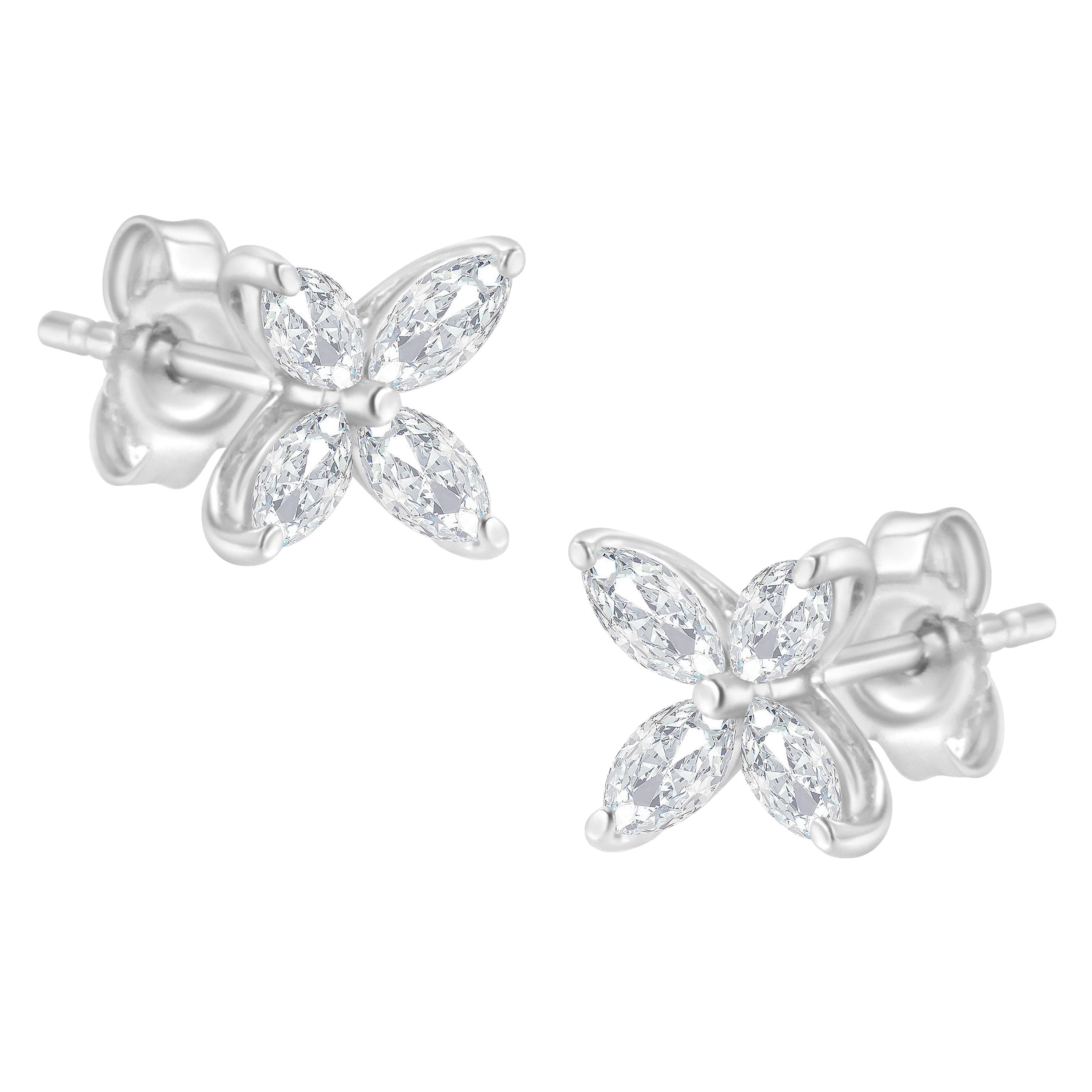 14K White Gold 3/4 Carat  Marquise Diamond Flower Stud Earrings For Sale