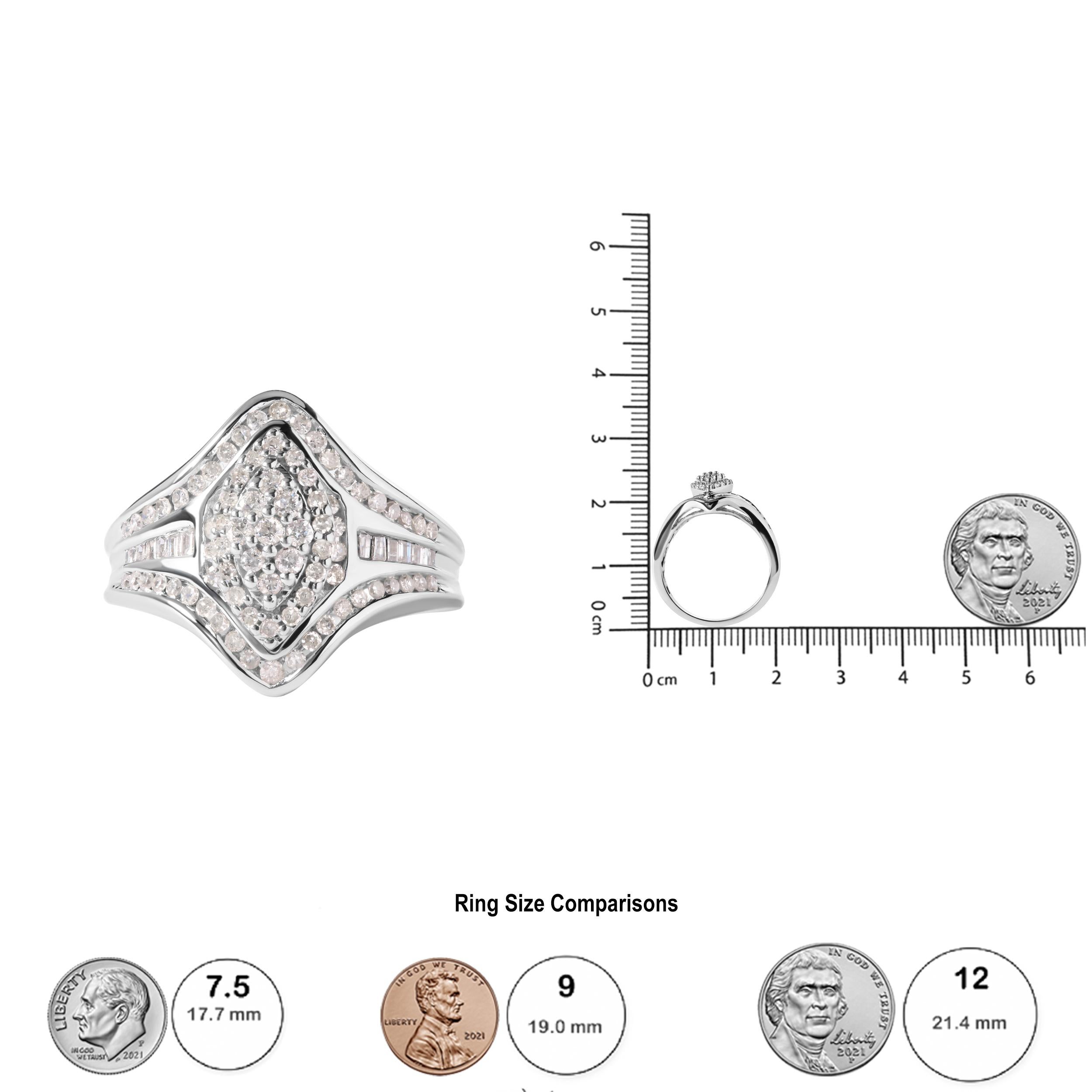 14K White Gold 3/4 Carat Round and Baguette-Cut Diamond Cluster Ring In New Condition For Sale In New York, NY