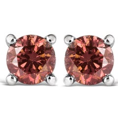 14K White Gold 3/4 Carat Round Brilliant-Cut Pink Diamond Solitaire Stud Earring