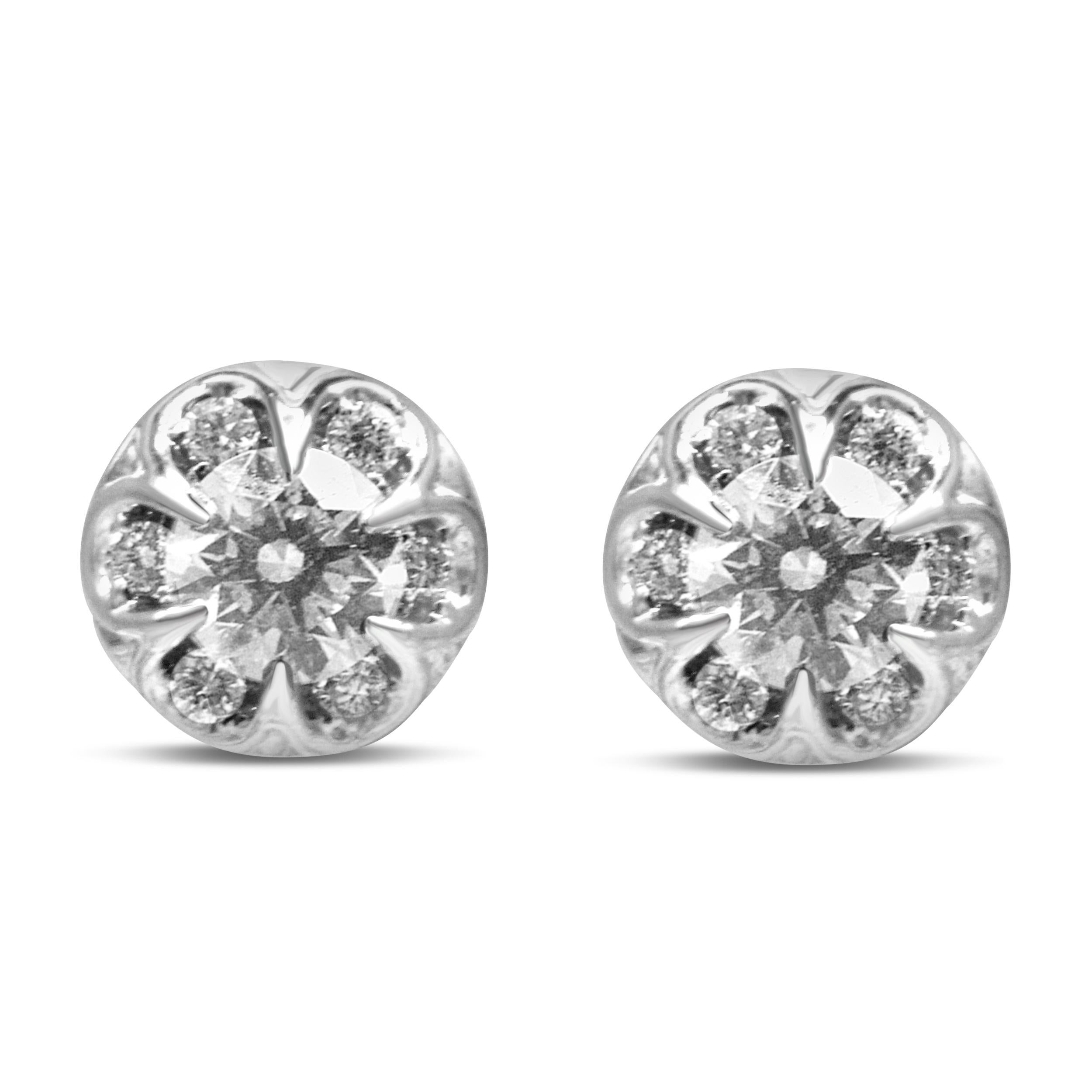 These splendid diamond earrings will add a marvelous touch of sparkle to both your everyday looks and eveningwear attire. The look captures an elegant style composed of round white, natural diamonds clustered together to create an impressive